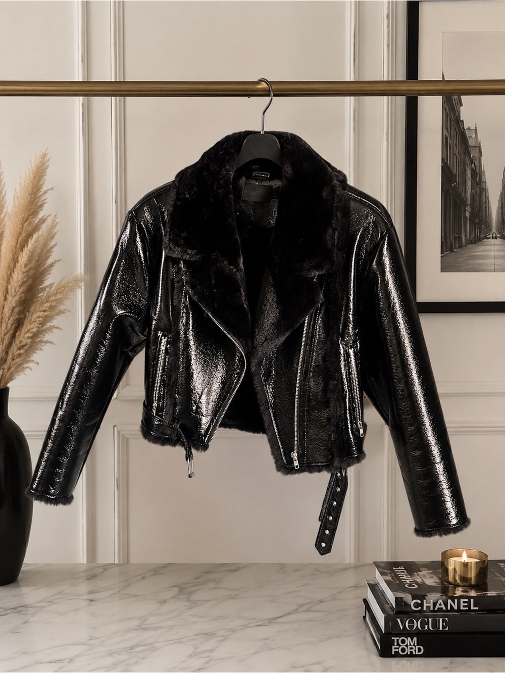 NBD Black Faux Leather Moto Jacket with Faux Fur Collar S